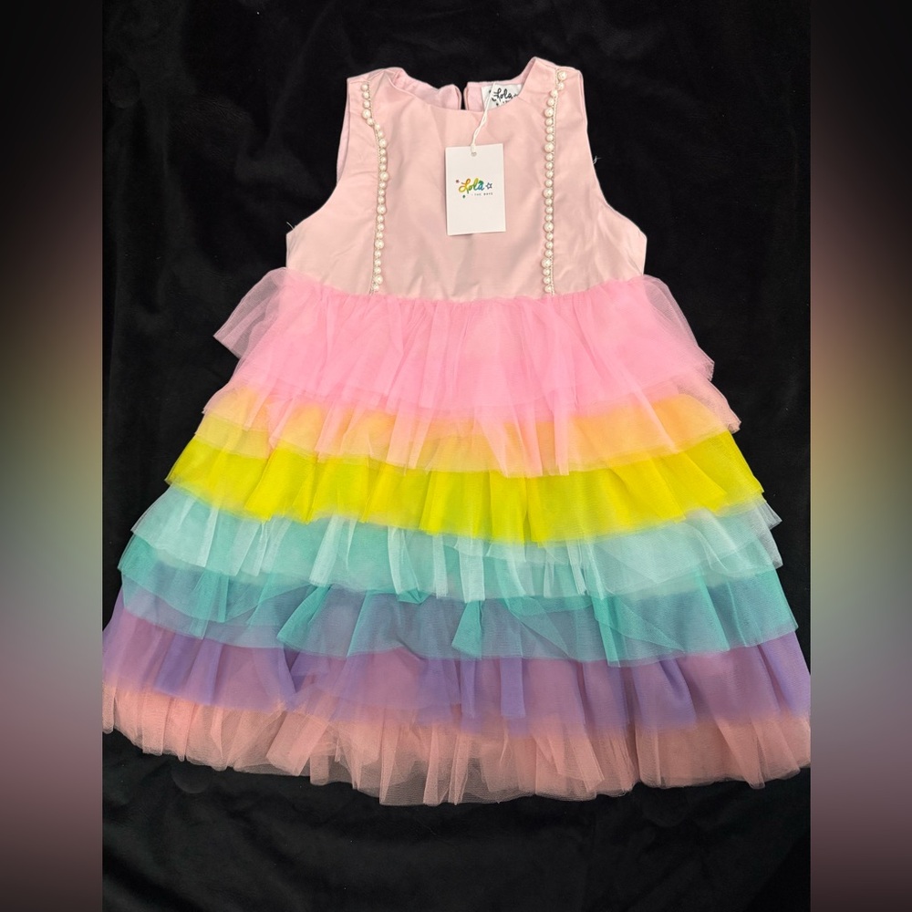 Lola + The Boys Rainbow Tulle Dress Pearl Detail Pink Pastel Party Dress Size 6